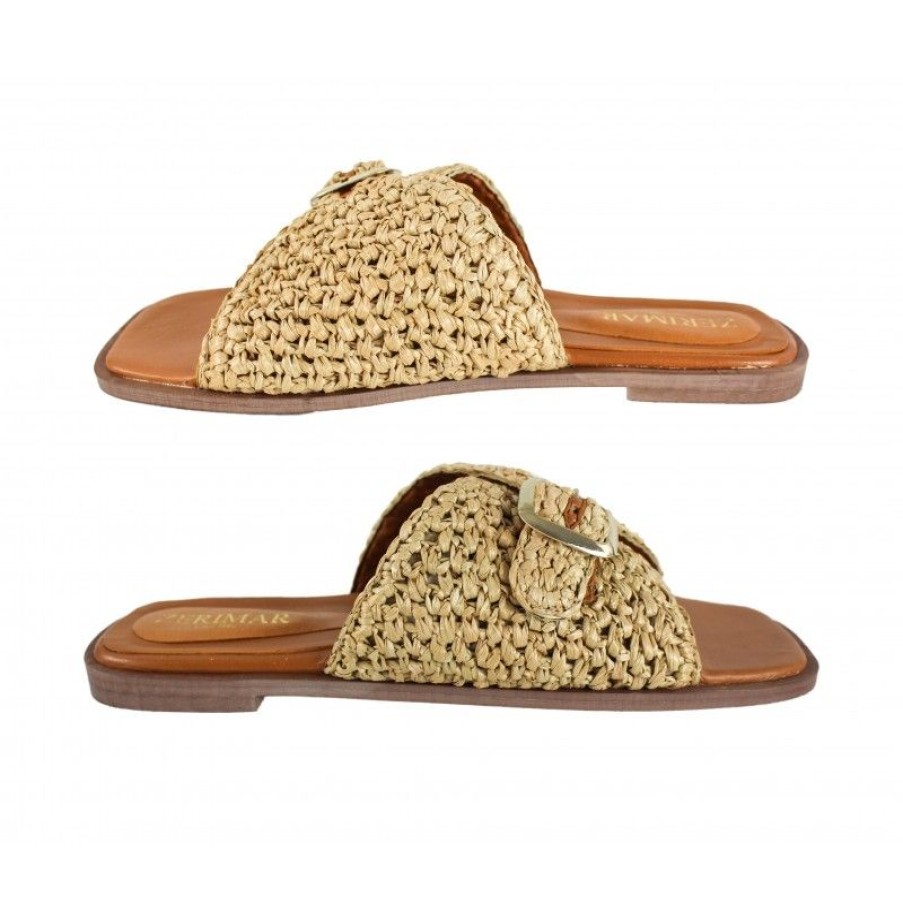 Mujer Zerimar Sandalias | Sandalias Planas De Piel Detalle Mimbre Beige