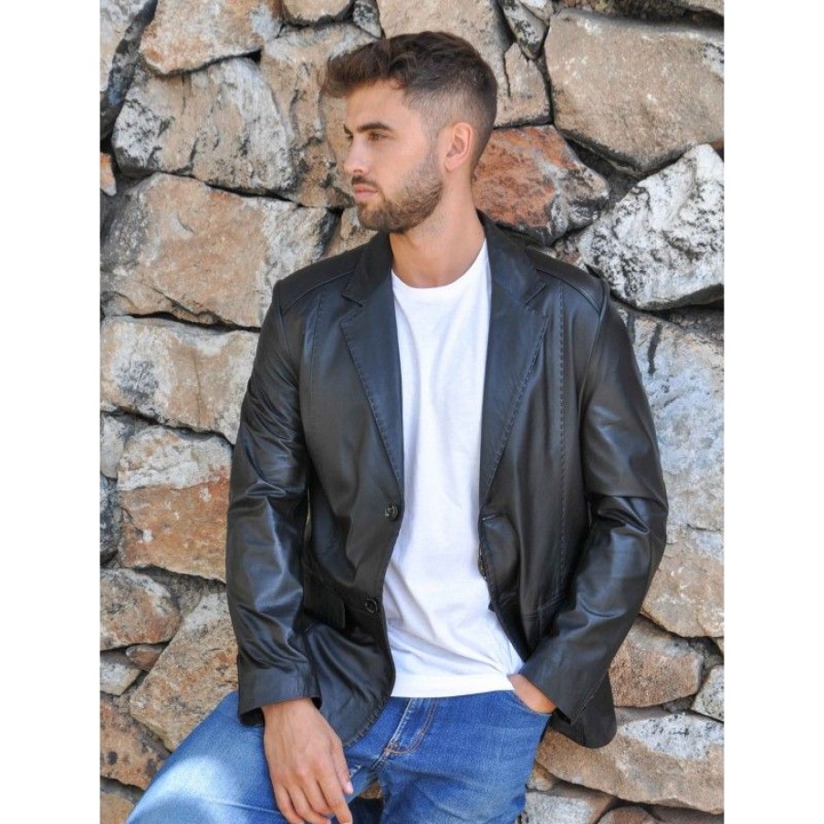 Hombre Zerimar Chaquetas De Cuero | Blazer De Piel Con Detalle Costura Estilo Elegante