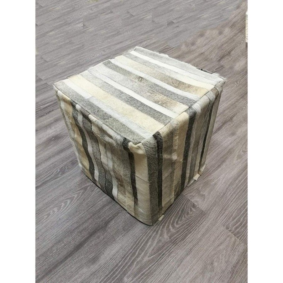 Decoracion Zerimar | Taburete Puff Revestido Con Piel Natural De Vaca 45X45X45 Cm Gris