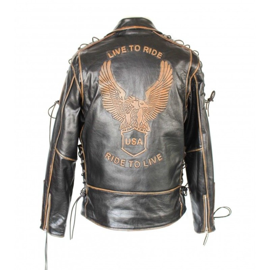 Hombre Zerimar Chaquetas De Cuero | Chaqueta De Cuero Motera Con Aguila Y Cuerdas Negro