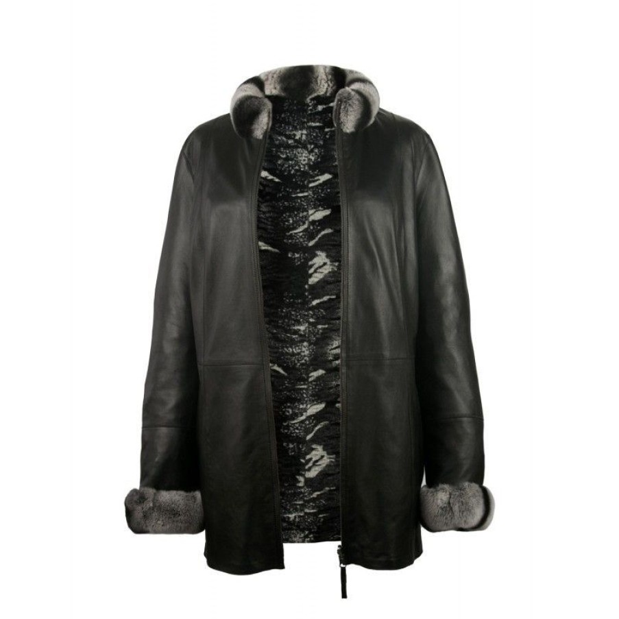 Mujer Zerimar Chaquetas De Cuero | Chaqueta Reversible De Piel Con Cuello De Pelo De Conejo Negro