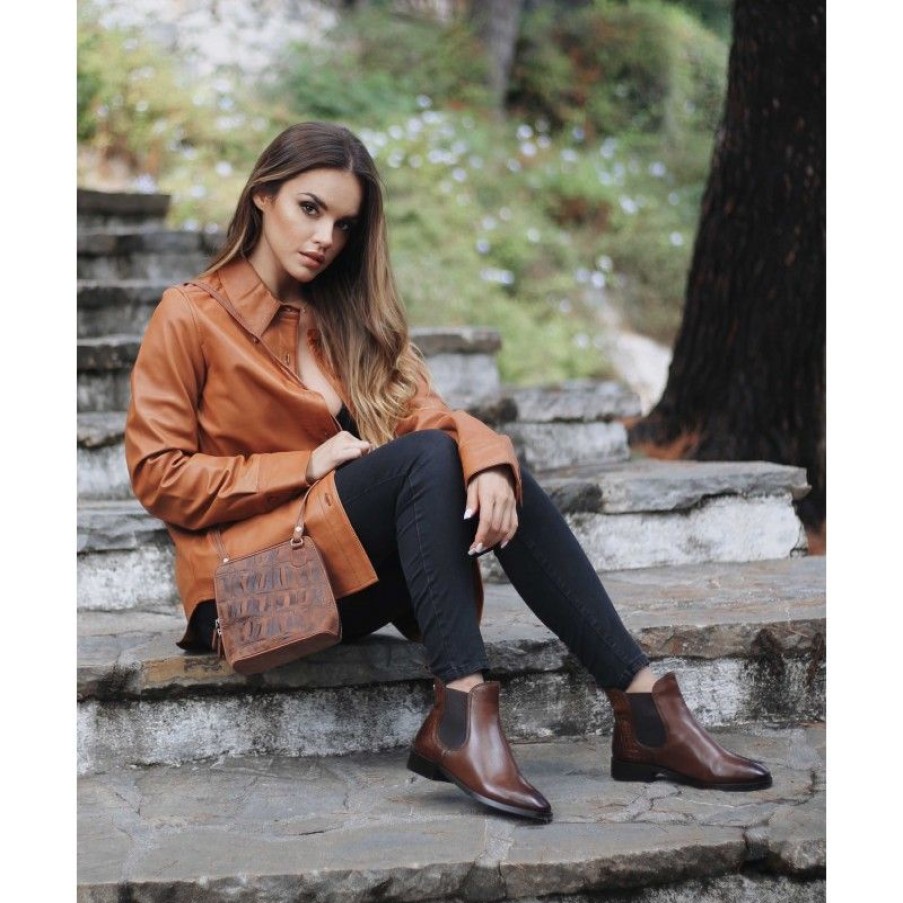 Mujer Zerimar Botas | Botines De Piel Con Elastico Y Grabado Coco Tan