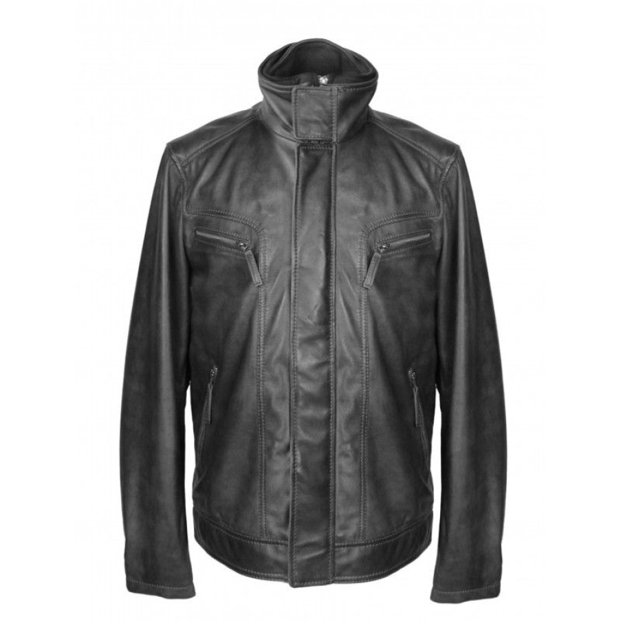 Hombre Zerimar Chaquetas De Cuero | Chaqueta De Cuero Con Cuello Desmontable Antra Negro