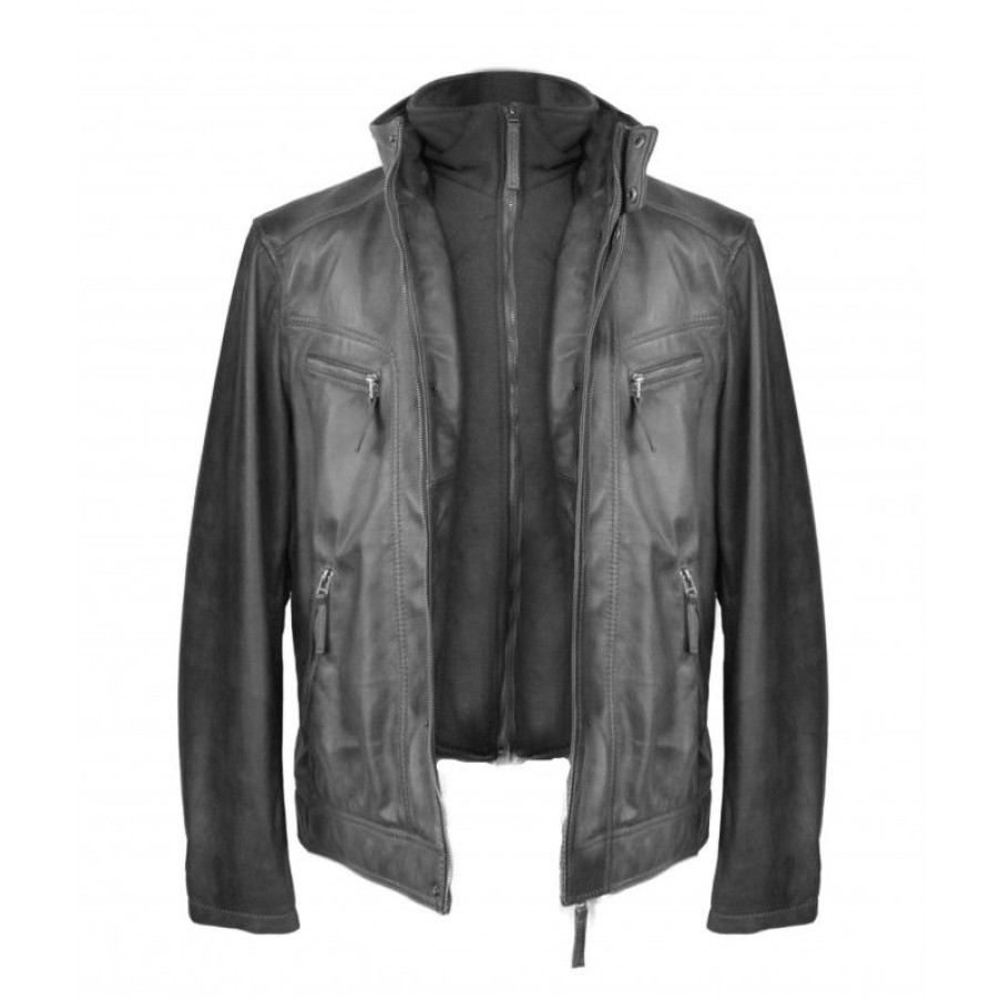 Hombre Zerimar Chaquetas De Cuero | Chaqueta De Cuero Con Cuello Desmontable Antra Negro