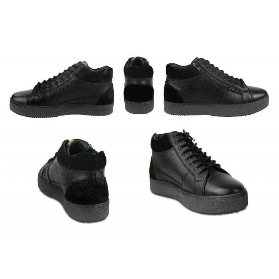 Hombre Zerimar Casual | Botines Sneakers De Cuero Con Cordones Y Cremallera Negro