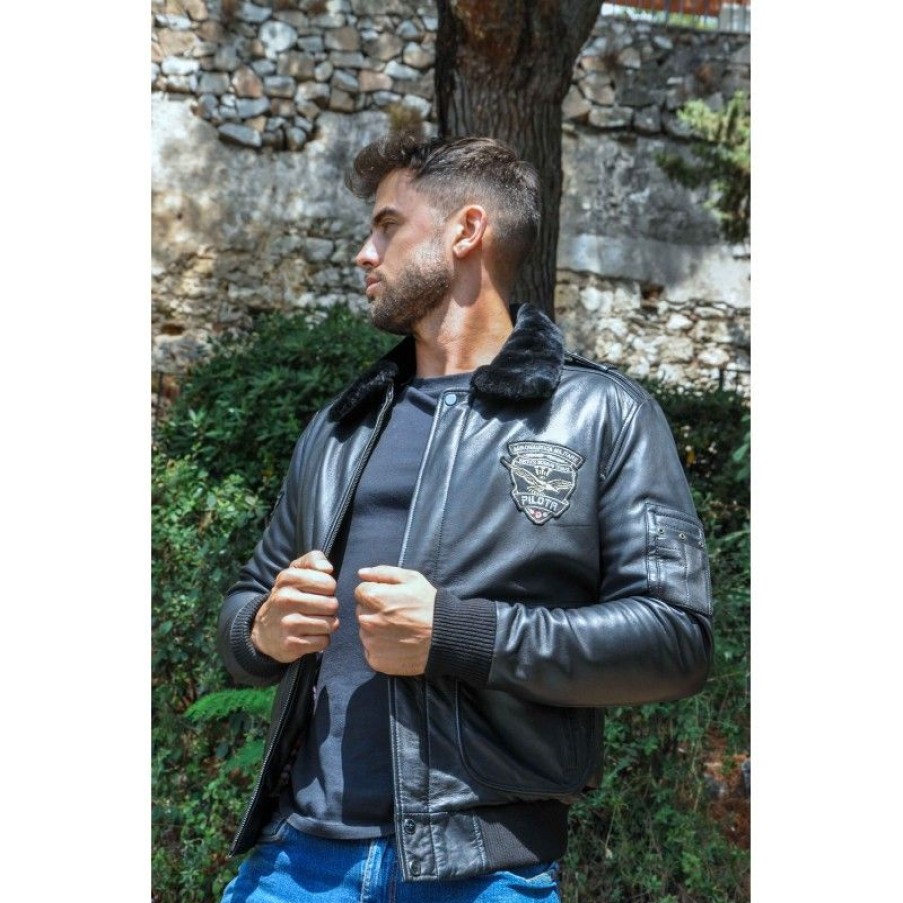 Hombre Zerimar Chaquetas De Cuero | Cazadora De Piel Con Parches Estilo Aviador Con Cuello Desmontable