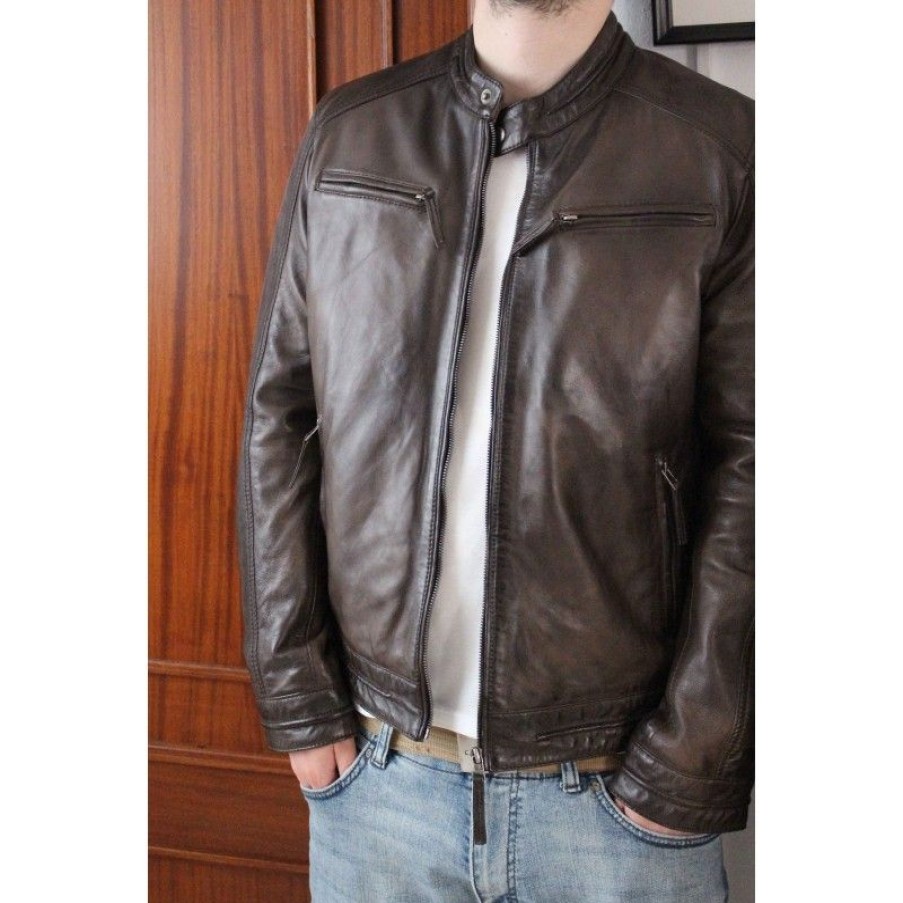 Hombre Zerimar Chaquetas De Cuero | Chaqueta De Con Lleras Modelo Chocolate