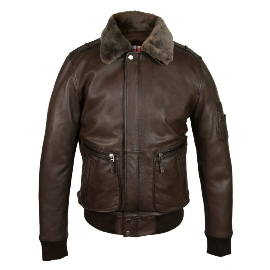 Hombre Zerimar Chaquetas De Cuero | Cazadora De Piel Aviador Con Cuello Desmontable Marron