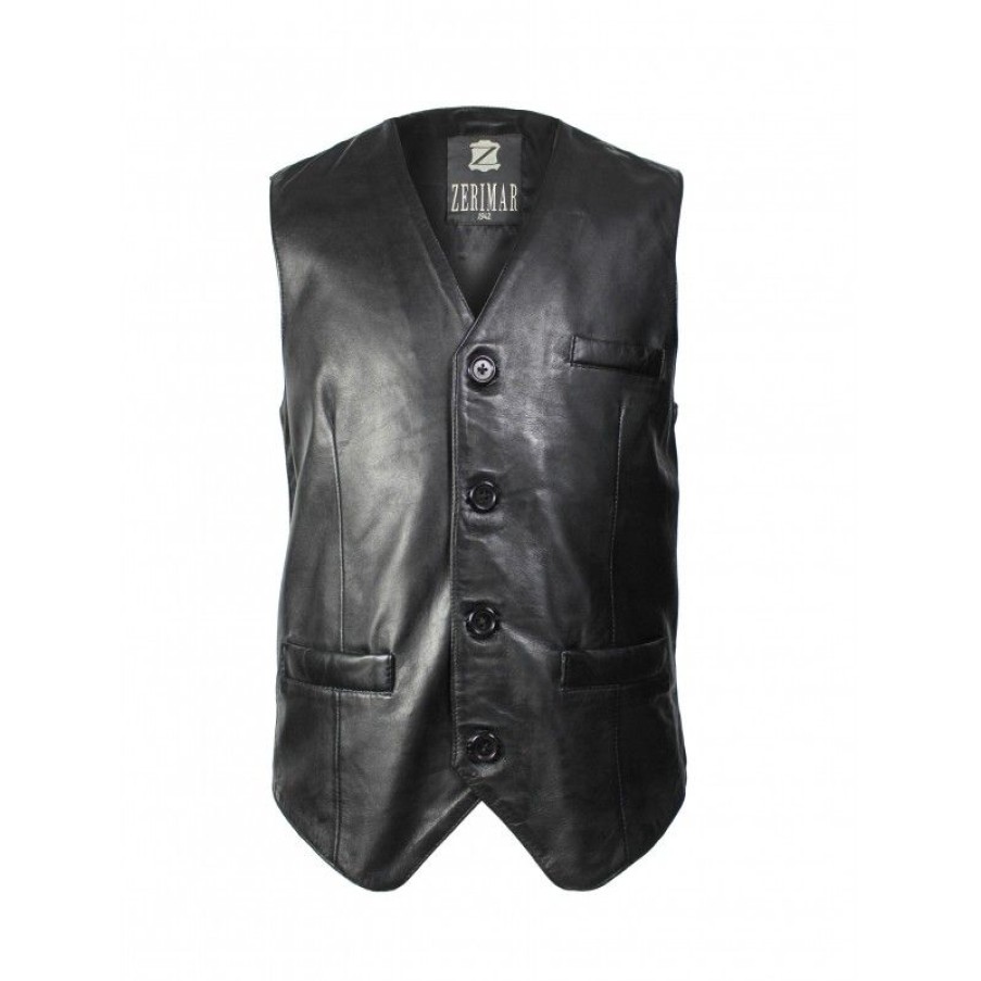 Hombre Zerimar Chaquetas De Cuero | Chaleco De Piel Abotonado Estilo Elegante Negro