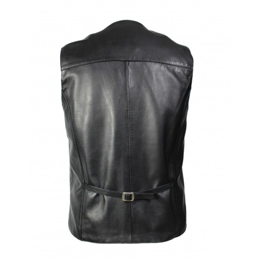 Hombre Zerimar Chaquetas De Cuero | Chaleco De Piel Abotonado Estilo Elegante Negro