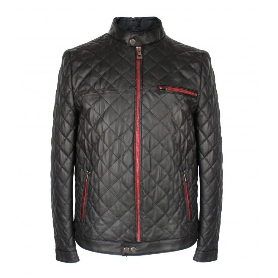 Hombre Zerimar Chaquetas De Cuero | Chaqueta De Piel Acolchada Con Detalle Rojo Negro