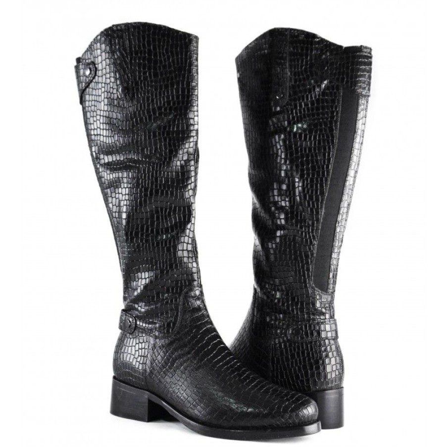 Mujer Zerimar Botas | Botas Altas De Piel Grabado Coco Con Cremallera Negro