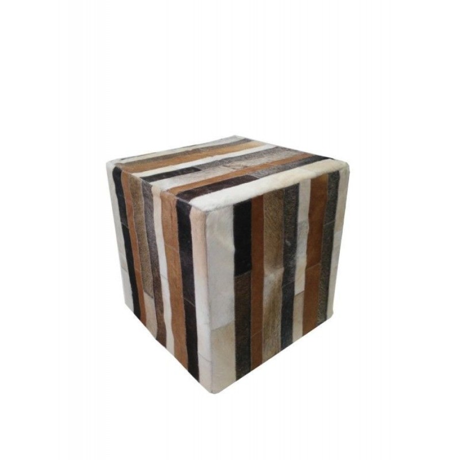 Decoracion Zerimar | Taburete Puff Forrado En Piel De Vaca Natural 45X45X45 Cm Beige_Blanco