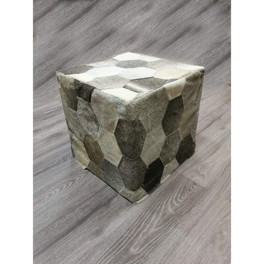 Decoracion Zerimar | Taburete Puff Tapizado Con Piel Natural De Vaca 45X45X45 Cm Gris