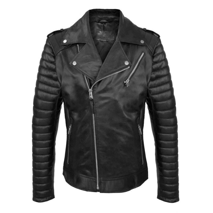 Hombre Zerimar Chaquetas De Cuero | Chaqueta Heavy De Cuero Con Cremallera Capsula Negro