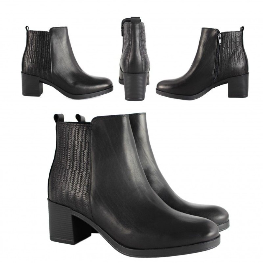 Mujer Zerimar Botas | Botines De Piel Con Tacon Y Detalle Trenzado Negro