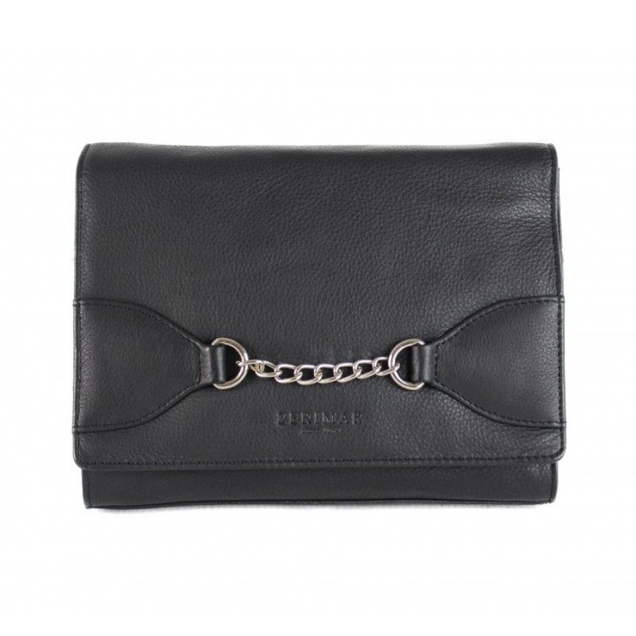 Mujer Zerimar Bolsos | Bolso Bandolera De Piel Detalle Cadena 23X5X17 Cm Negro