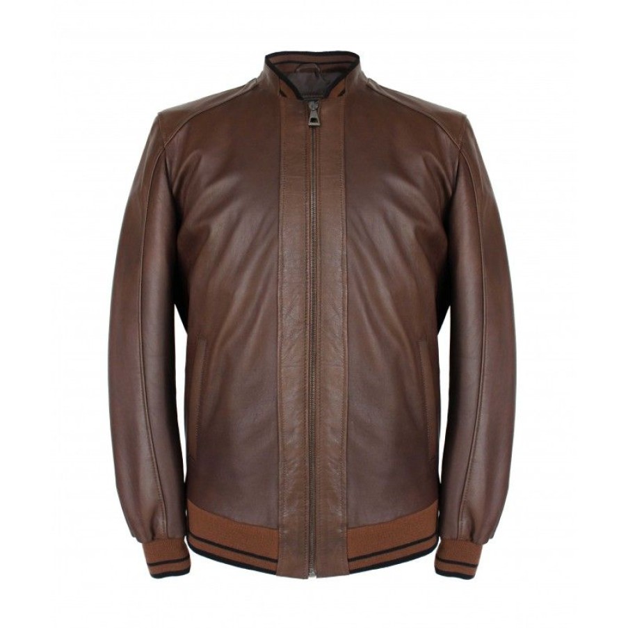 Hombre Zerimar Chaquetas De Cuero | Chaqueta De Piel Con Detalle Textil Lineas Modelo Cota Marron