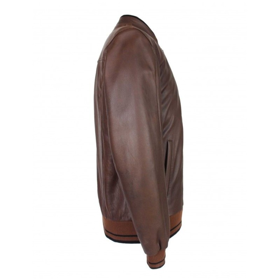 Hombre Zerimar Chaquetas De Cuero | Chaqueta De Piel Con Detalle Textil Lineas Modelo Cota Marron